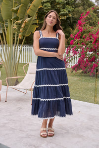 Avelie Trim Linen Blend Navy/White Dress