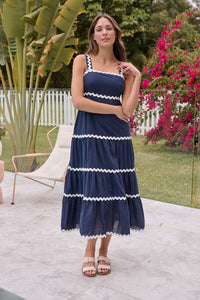 Avelie Trim Linen Blend Navy/White Dress