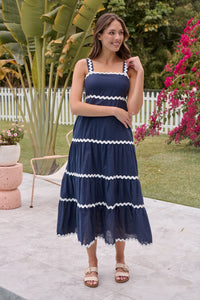 Avelie Trim Linen Blend Navy/White Dress