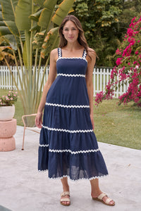 Avelie Trim Linen Blend Navy/White Dress