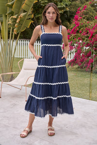 Avelie Trim Linen Blend Navy/White Dress