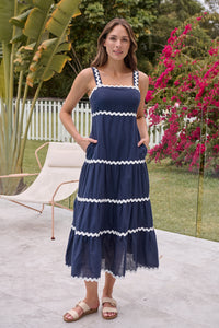 Avelie Trim Linen Blend Navy/White Dress