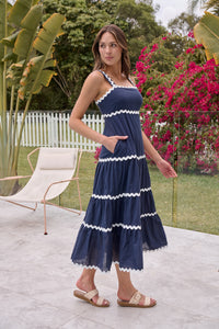 Avelie Trim Linen Blend Navy/White Dress