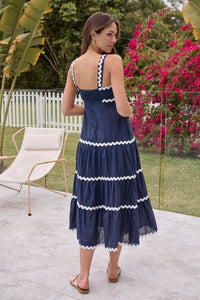 Avelie Trim Linen Blend Navy/White Dress