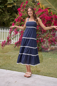 Avelie Trim Linen Blend Navy/White Dress