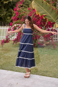 Avelie Trim Linen Blend Navy/White Dress