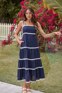 Avelie Trim Linen Blend Navy/White Dress