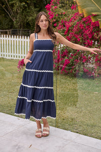 Avelie Trim Linen Blend Navy/White Dress