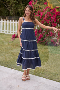 Avelie Trim Linen Blend Navy/White Dress