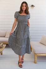 Load image into Gallery viewer, Quinn Black/White Gingham Shirred Bust Tiered Maxi Dress