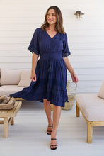 Load image into Gallery viewer, Alize Lace Detail Shirred Waist Swiss Dot Navy Midi Dress