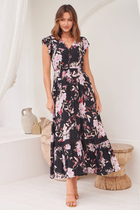 Augustina Black/Wine/Beige Floral Button Front Maxi Dress