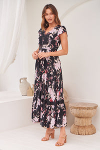 Augustina Black/Wine/Beige Floral Button Front Maxi Dress
