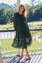 Load image into Gallery viewer, Henley 3/4 Green/Gold Polka Print Chiffon Shirred Midi Dress