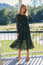 Load image into Gallery viewer, Henley 3/4 Green/Gold Polka Print Chiffon Shirred Midi Dress