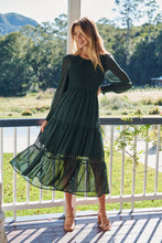 Load image into Gallery viewer, Henley 3/4 Green/Gold Polka Print Chiffon Shirred Midi Dress