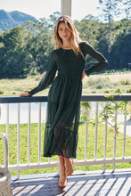 Load image into Gallery viewer, Henley 3/4 Green/Gold Polka Print Chiffon Shirred Midi Dress