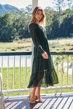 Load image into Gallery viewer, Henley 3/4 Green/Gold Polka Print Chiffon Shirred Midi Dress