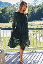 Load image into Gallery viewer, Henley 3/4 Green/Gold Polka Print Chiffon Shirred Midi Dress