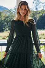 Load image into Gallery viewer, Henley 3/4 Green/Gold Polka Print Chiffon Shirred Midi Dress