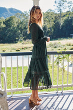 Load image into Gallery viewer, Henley 3/4 Green/Gold Polka Print Chiffon Shirred Midi Dress