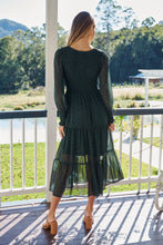 Load image into Gallery viewer, Henley 3/4 Green/Gold Polka Print Chiffon Shirred Midi Dress