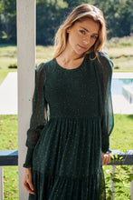 Load image into Gallery viewer, Henley 3/4 Green/Gold Polka Print Chiffon Shirred Midi Dress