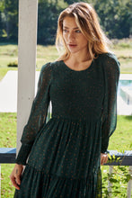 Load image into Gallery viewer, Henley 3/4 Green/Gold Polka Print Chiffon Shirred Midi Dress