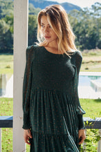 Load image into Gallery viewer, Henley 3/4 Green/Gold Polka Print Chiffon Shirred Midi Dress