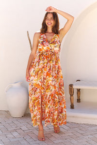 Gillian Orange/Brown/Mustard Print Maxi Dress