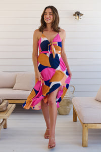 Presley Pink/Mustard/Navy Print Singlet Tie Front Dress