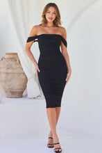 Load image into Gallery viewer, Milla Mesh Black Off Shoulder Rouged Evening Dress