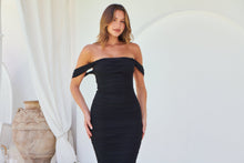 Load image into Gallery viewer, Milla Mesh Black Off Shoulder Rouged Evening Dress