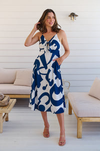 Sadie White/Blue Print Singlet Tie Front Dress