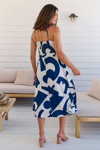 Sadie White/Blue Print Singlet Tie Front Dress
