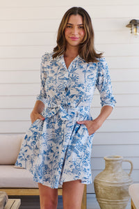 Romona 3/4 Sleeve White/Blue Palm Print Collared Dress