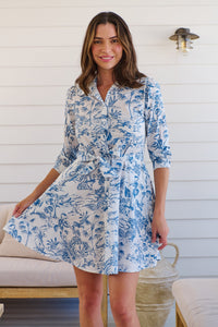 Romona 3/4 Sleeve White/Blue Palm Print Collared Dress