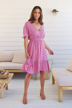 Load image into Gallery viewer, Chiara Cap Sleeve Pink Retro Print Button Front Dress