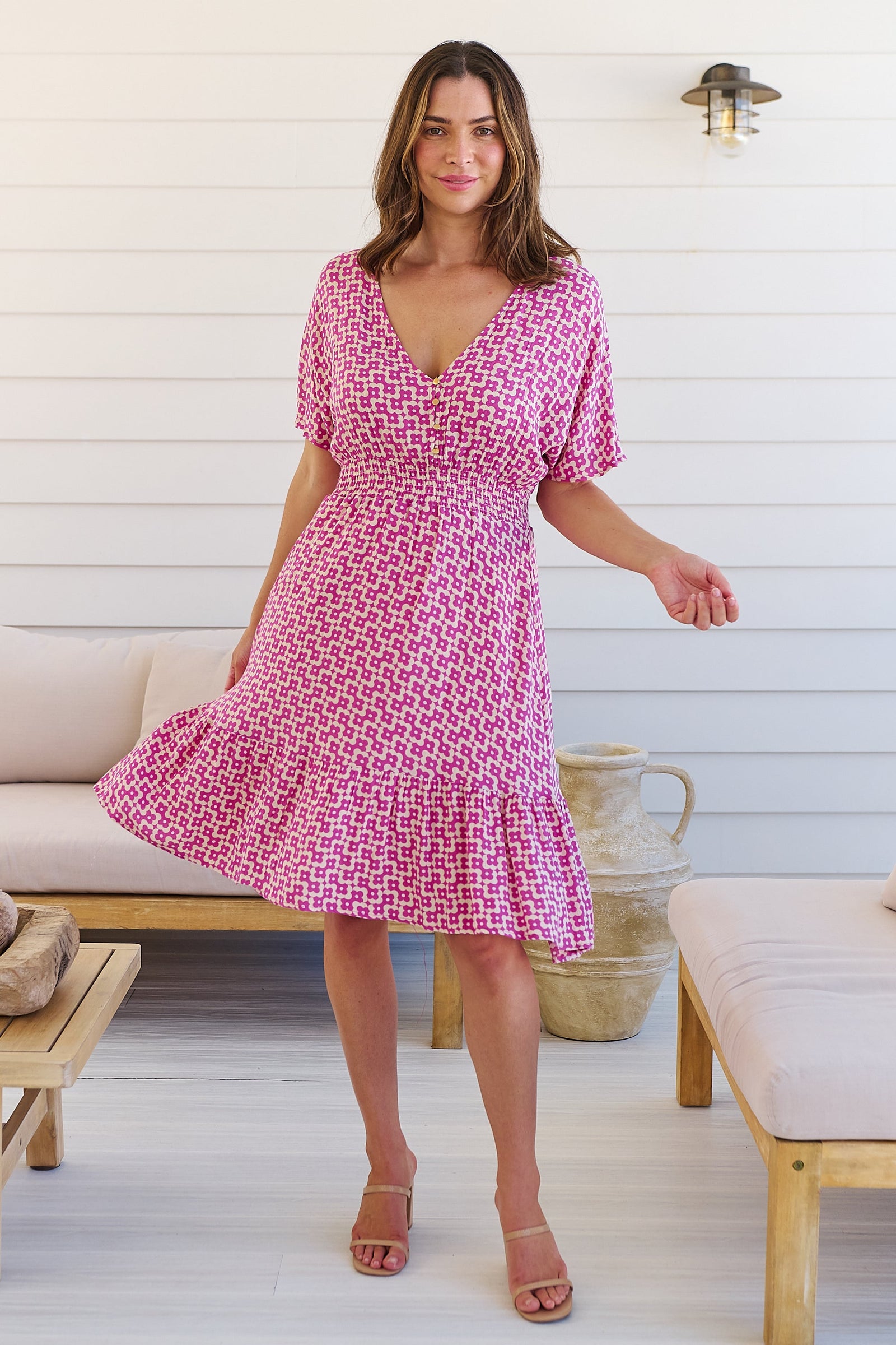 Chiara Cap Sleeve Pink Retro Print Button Front Dress