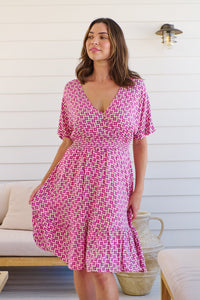 Chiara Cap Sleeve Pink Retro Print Button Front Dress