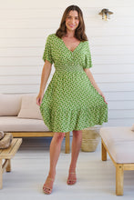 Load image into Gallery viewer, Chiara Cap Sleeve Green Retro Print Button Front Dress