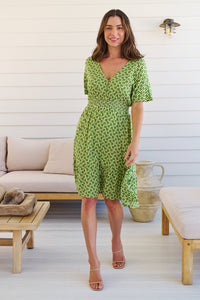 Chiara Cap Sleeve Green Retro Print Button Front Dress