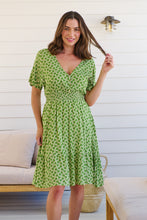 Load image into Gallery viewer, Chiara Cap Sleeve Green Retro Print Button Front Dress