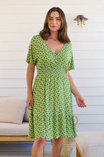 Load image into Gallery viewer, Chiara Cap Sleeve Green Retro Print Button Front Dress