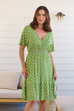 Load image into Gallery viewer, Chiara Cap Sleeve Green Retro Print Button Front Dress
