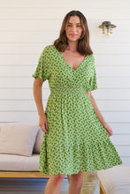 Load image into Gallery viewer, Chiara Cap Sleeve Green Retro Print Button Front Dress