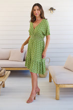 Load image into Gallery viewer, Chiara Cap Sleeve Green Retro Print Button Front Dress