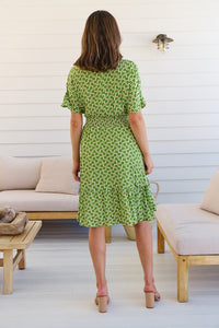 Chiara Cap Sleeve Green Retro Print Button Front Dress
