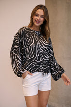 Load image into Gallery viewer, Riva Black/White Print Long Sleeve Drawstring Top