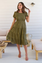 Load image into Gallery viewer, Caroline Khaki Speckled Print Shirred Tiered Dress